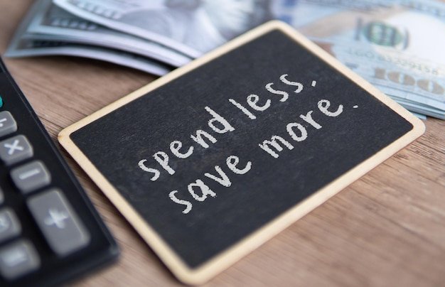 Chalkboard reading Spend less. Save more. beside stacks of dollar bills and a calculator, explaining 401(k) loan rules