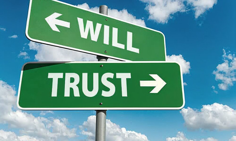 Two green street signs pointing opposite directions labeled Will and Trust, illustrating the key legal differences retirees must understand