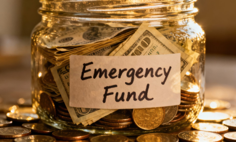 Glass jar labeled Emergency Fund filled with cash and coins, showing why an emergency fund is essential in retirement