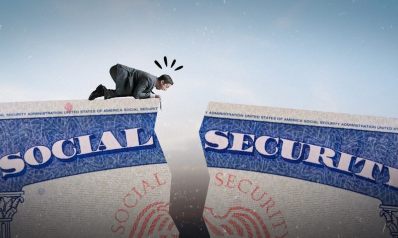 Illustration of a person crossing a cracked Social Security card gap, depicting the Social Security income shortfall