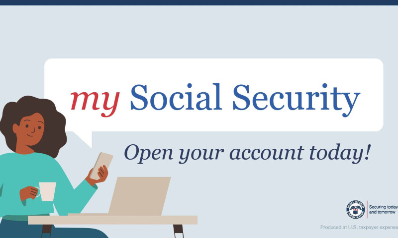 Official SSA graphic showing the mySocialSecurity portal with a woman holding a tablet for online account setup
