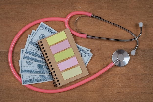 Pink stethoscope around a notebook and dollar bills, illustrating how to use a Health Reimbursement Arrangement