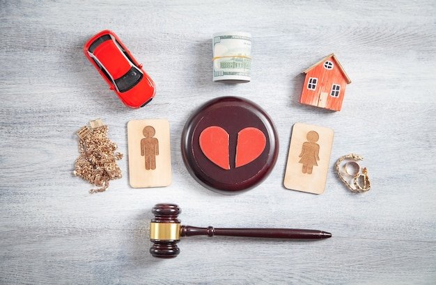 Gavel, broken heart, and figures of a couple with a house and car in a divorce settlement affecting Social Security benefits