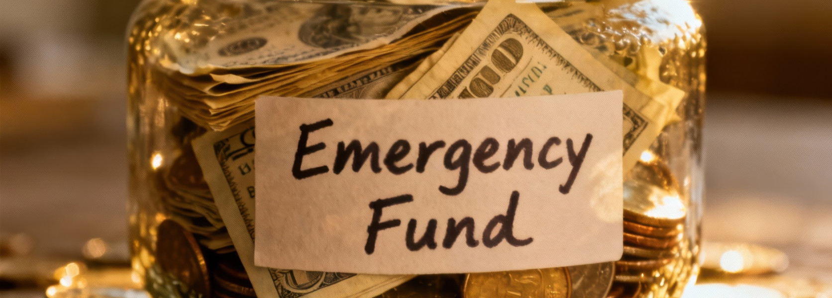 Glass jar labeled Emergency Fund filled with cash and coins, showing why an emergency fund is essential in retirement