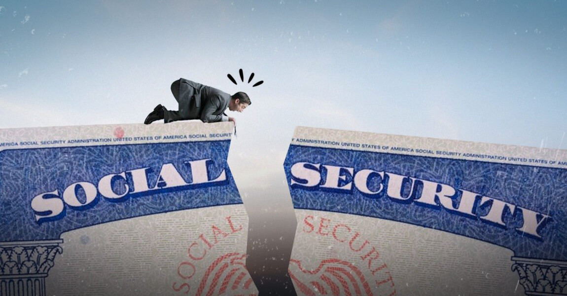Illustration of a person crossing a cracked Social Security card gap, depicting the Social Security income shortfall