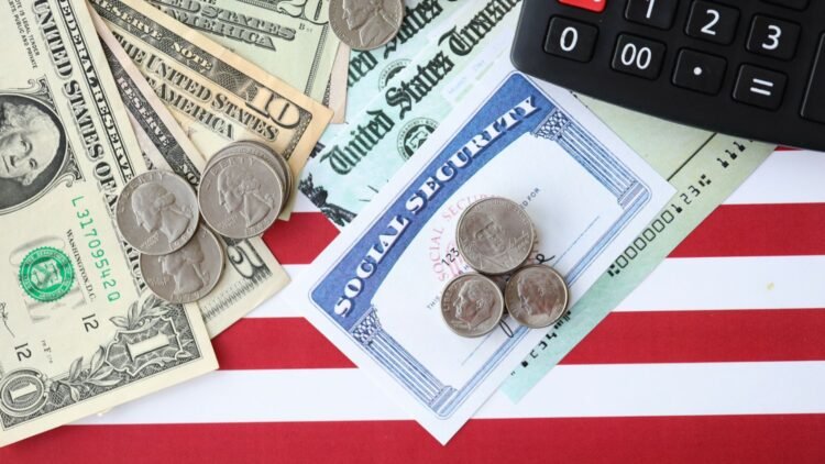 Social Security card with coins and U.S. currency on an American flag, preparing for potential Social Security reforms ahead