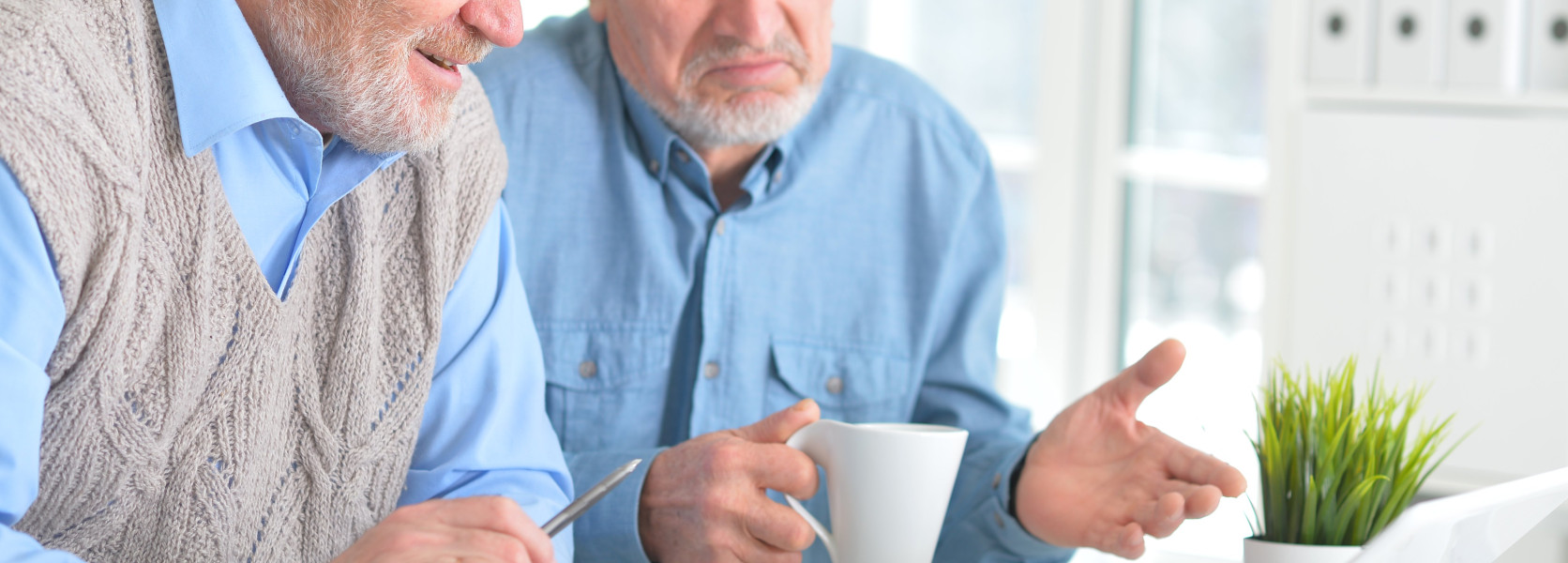 Two older men reviewing annuity documents at a desk, discussing the pros and cons for retirement income