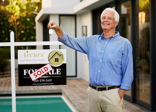 Older man holding house keys in front of a sold home, weighing real estate as a retirement asset