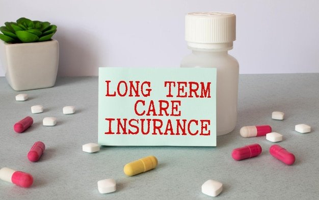 Long Term Care Insurance card surrounded by pills and medication bottle, illustrating supplemental insurance plans